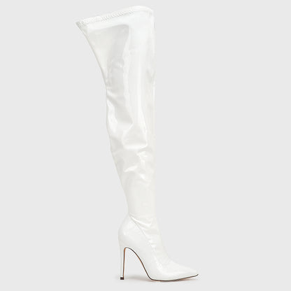 Large size super high heel stretch patent leather stovepipe over-the-knee boots